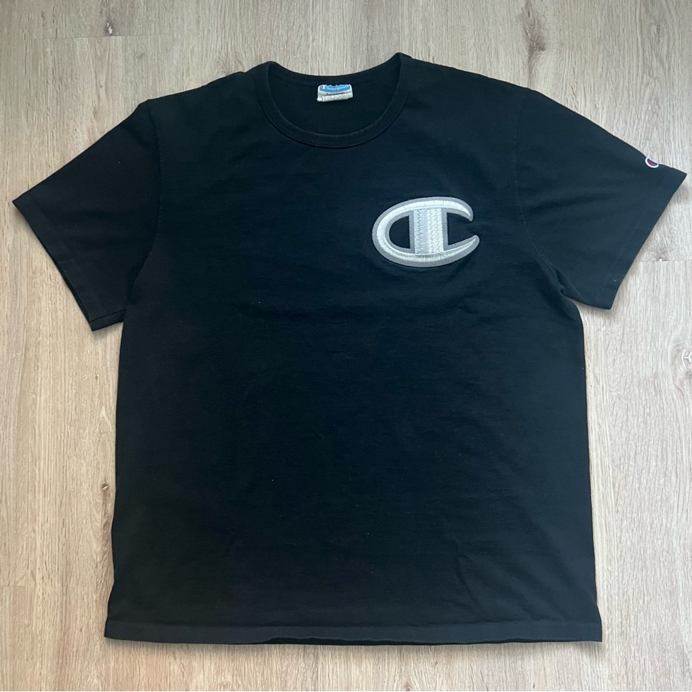 Vintage 90s Champion Black Crewneck with Big Silver Embroidered Logo Men's XL - Picture 2 of 10